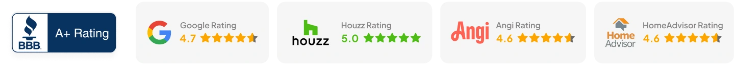 BBB A+ Rating · Google 4.7 · Houzz 5.0 · Angi 4.6 · HomeAdvisor 4.6